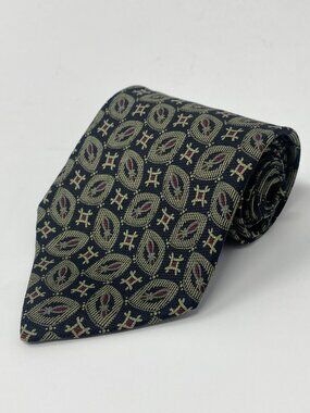 Vintage Giorgio Armani Cravatte Tie Navy Blue Olive Green Geometric Silk Italy